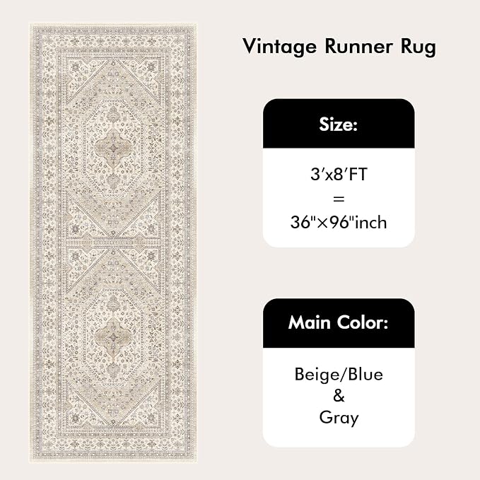 3x8 Runner Rug for Hallway Washable: Non Slip Kitchen Rugs with Rubber Backing Soft Waterproof Mats Stain Resistant Indoor Vintage Carpet Runner for Bedroom Bathroom Laundry Entryway Beige/Gray