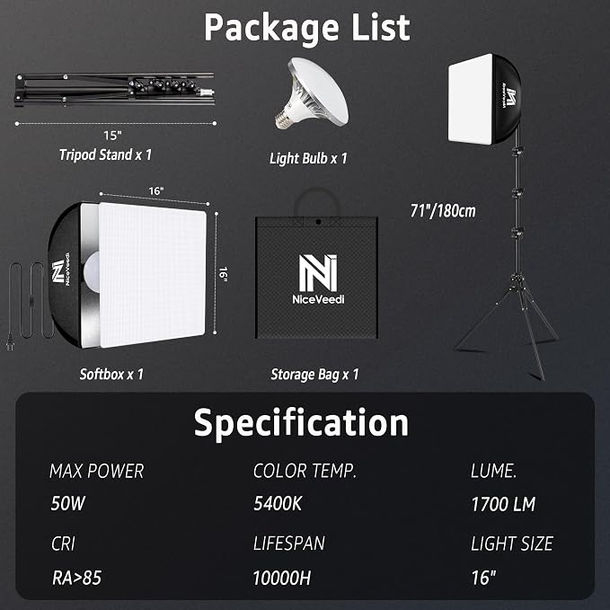 Softbox Lighting Kit, NiceVeedi 16'' x 16'' Softbox Photography Lighting Kit with 63” Tripod Stand & 5400K 450W Equivalent LED Bulb, Continuous Lighting for Photography/Video Record/Live Streaming