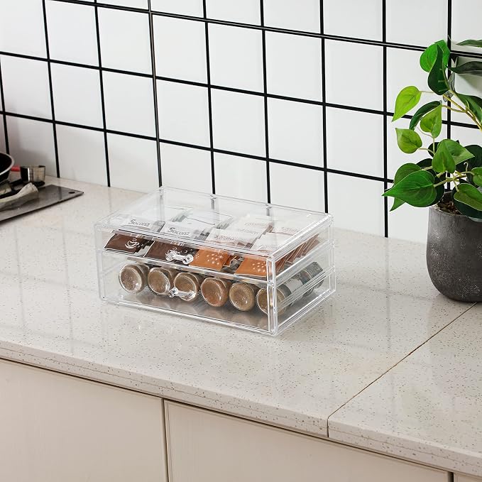 Cq acrylic Clear acrylic organizers Countertop,2 Large Drawers stackable storage bins,clear storage bins for Vanity Jewelry,Hair Accessory,Beauty,Skin Care,Skincare Product stackable storage drawers