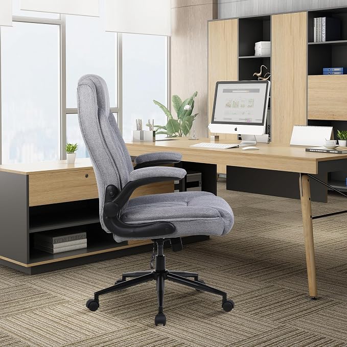 ralex-chair Big and Tall Office Chair -500 lb Office Chair for Big Man, Fabric High Back Office Desk Chair with 120° Tilt Rock,Computer Desk Chair with flip up arm - Light Gray