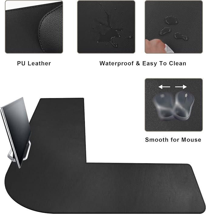 Mydours 53"x53"x16" L Shaped Office Mat, Full Desk Mouse Pad for Large L Shaped Gaming Desk Cover, Dual-Sided PU Leather Pad, Corner Mat for Home & Executive Office Desks, Black