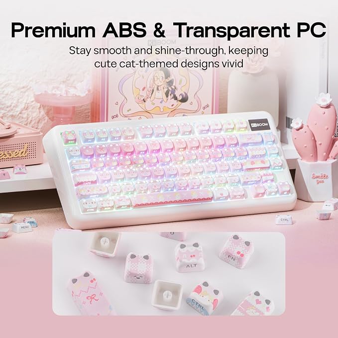 KiiBOOM Cute Cat Keycaps Set, Mao Profile, PC+ABS Keycap for MX Switches Mechanical Keyboard, Compatible with 60%, 65%, 75%, TKL, 96%, Full-Sized Layout (Pink Meow)