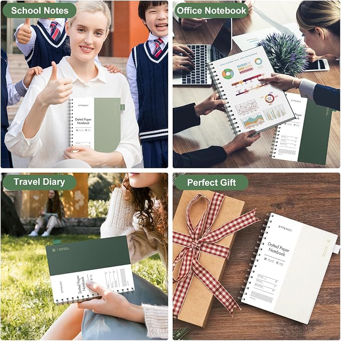 EMSHOI Spiral Notebook B5 Dotted journal, Dotted Grid Notebook with 300 Pages, 100gsm Thick Paper, 7.48" × 10.15", Waterproof Softcover Notebook for Journaling Writing - Light Green