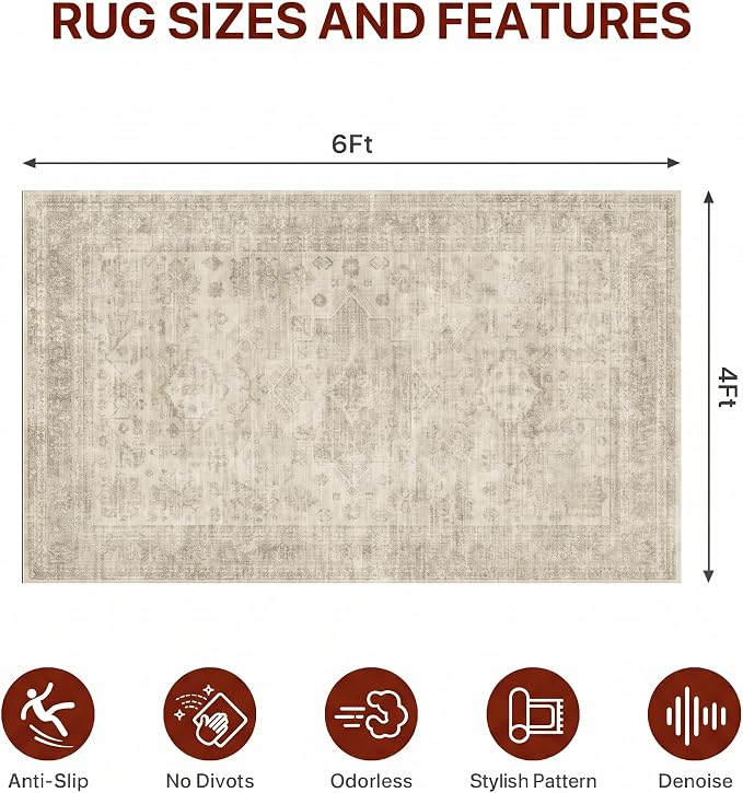 48"x72" Office Chair Mat for Hardwood Tile Floor, Under Desk Carpet Protector for Rolling Computer Chair Mat, Machine Washable Area Rug, Anti-Slip 1/5" Thick Low Pile Thin Vinyl Floor Mat, Ivory