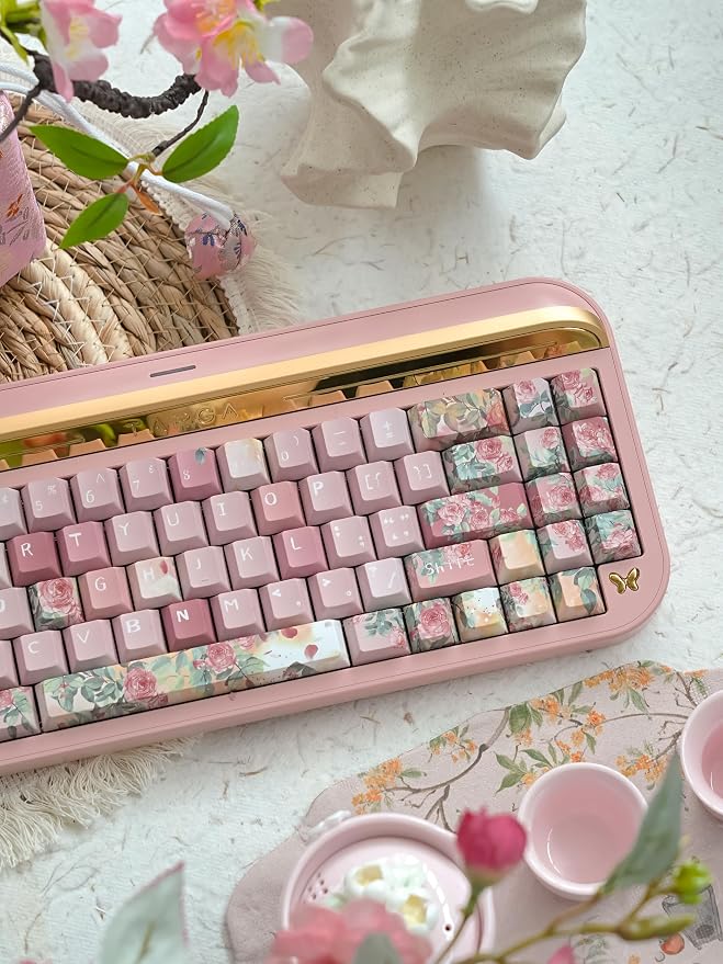 Pink Rose Keycaps Cherry Profile PBT Keycaps for 60% 65% 75% Mechanical Keyboards Dye Sub Full Size 128 Keys for MX Switches Custom Gaming Keyboard