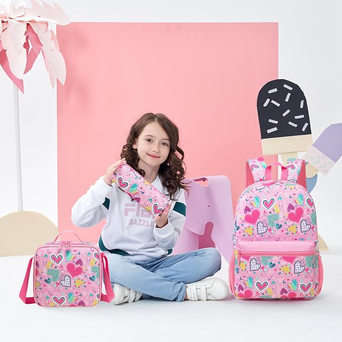 Kids Backpacks for Girls School Backpack for Kids Backpack with Lunch Box Bookbag for Girls Preppy Aesthetic Backpacks Back to School Supplies Kit