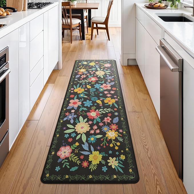 GENIMO Anti Fatigue Kitchen Runner Mats for Floor, Cushioned Standing Mats | 23"x71" , Black vintage floral rug set, waterproof, non slip, easy-clean for farmhouse