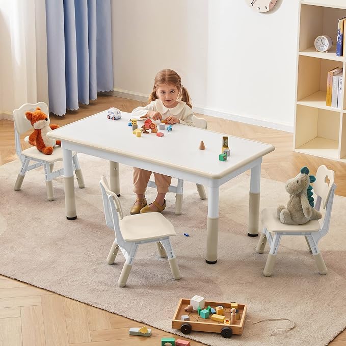 DOREROOM Adjustable Kids Table & 4 Chairs Set, 47.2" L x 23.6" W, Natural | Graffiti Desktop,Table Supports 300 lbs,Toddler Ages 2-8,FSC-certified, Children Activity Table for Daycare, Classroom, Home