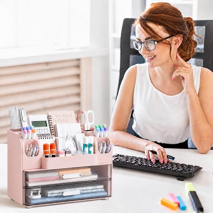 HBlife Desk Organizer with Pencil Pen Organizer for Desk, Pen Holder with 2 Drawers, Desk Organizers and Accessories with Compartments, Desktop Storage for Office Home School Art Supplies, Pink