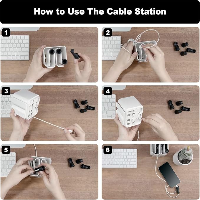 Cable Organizer with Multiple Compartments, Secure Cable Ends, Prevent Tangling, Tidy Workspace, Charging Solution, Desk Organizer Cord Management, White Plastic