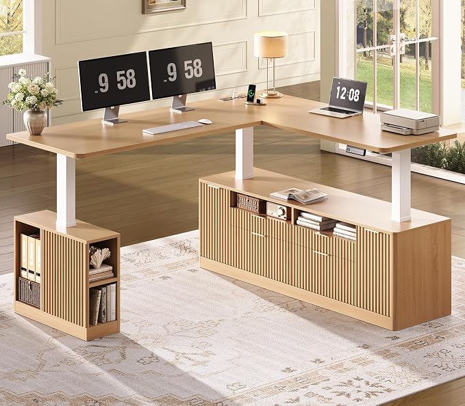 SEDETA L Shaped Electric Standing Desk, 69" x 55"Height Adjustable Office Executive Desk with 4 Drawers and Storage Shelves, Fluted Sit Stand Computer Desk with Power Outlet for Home Office (Natural)