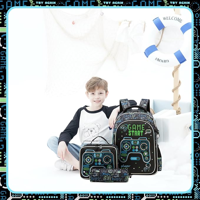 Game School Backpack for Boys Backpacks Ages 8-10 with Lunch Box Set Black Bookbag for Boys Backpack for Kids Backpacks Lightweight Elementary Back to School Supplies Kit