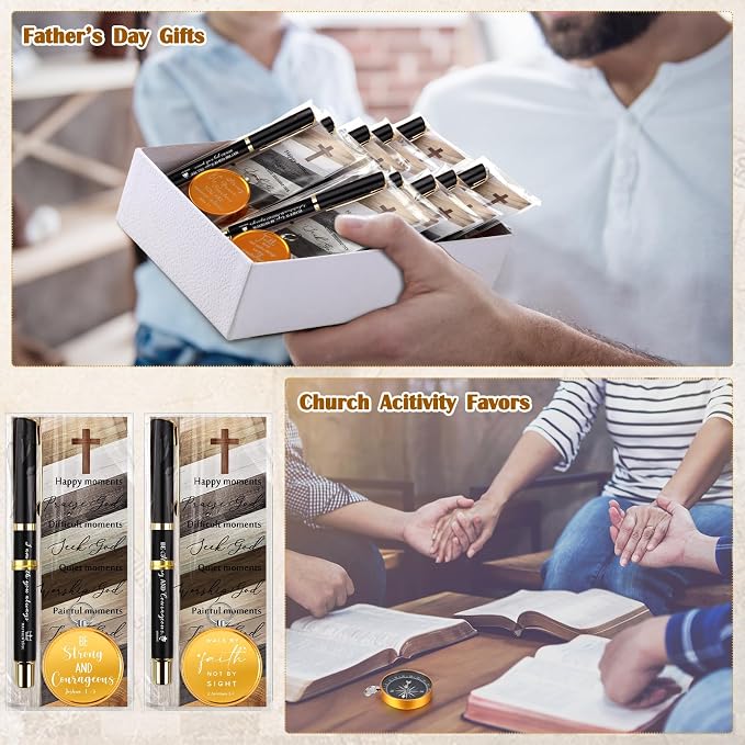 Spakon Christian Gifts for Men Religious Baptism Church Inspirational Bible Verse Engraved Compass Bamboo Pen Bookmark Christian Gifts for Pastor Father Sunday School Father's Day