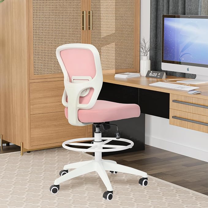 Drafting Chair Adjustable Height Tall Office Chairs Standing Desk Chair Rolling Stool Chair Armless Office Drafting Chair Pink