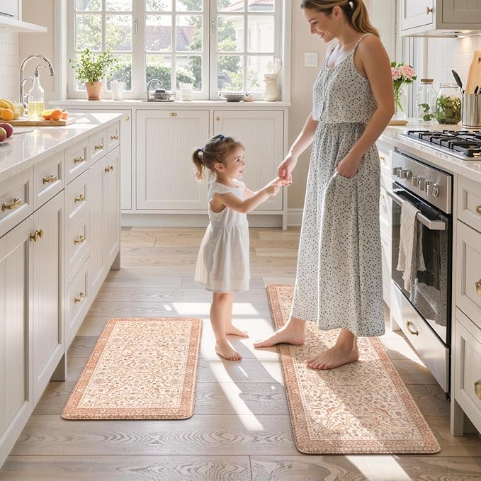 KIMODE Anti Fatigue Kitchen Mats for Floor, Boho Vintage Kitchen Rugs Sets of 2, Kitchen Floor Mats Cushioned Non Slip, Khaki Memory Foam Standing Mats for Laundry Office Sink Desk 17"x47"+17"x29"