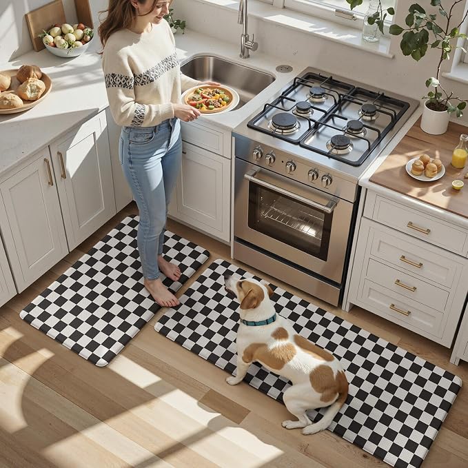 KIMODE Anti Fatigue Kitchen Mat for Floor,Black and White Plaid Kitchen Rug | Farmhouse Kitchen Rugs Sets of 2,Cushioned Kitchen Floor Mats,Non Slip Standing Desk Mat for Sink Laundry 20"x47"+20"x32"
