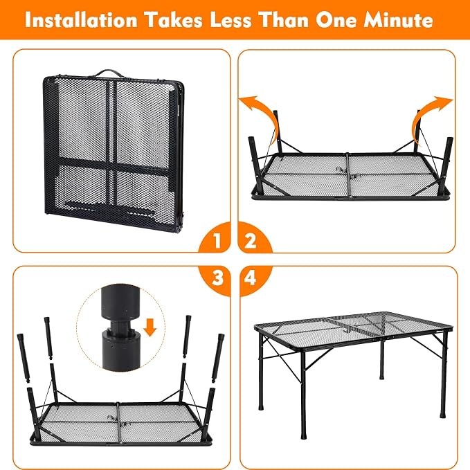 4 ft Folding Table with Metal Mesh Desktop, Grill Table Camping Table with Carry Handle,Adjustable Height (16.5" & 26"), Outdoor Table for Camp, Cooking, BBQ, RV, Picnic,Fits 4–8 People,Black