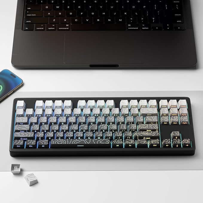 FunHub Shine Through PBT Keycaps - Black Double Shot Side Printed Backlit Keycaps Set 133 Keys 60% 65% 75% 100% Cherry Profile,Gradient Topographic Custom Key Caps for MX Switch Gaming Keyboards