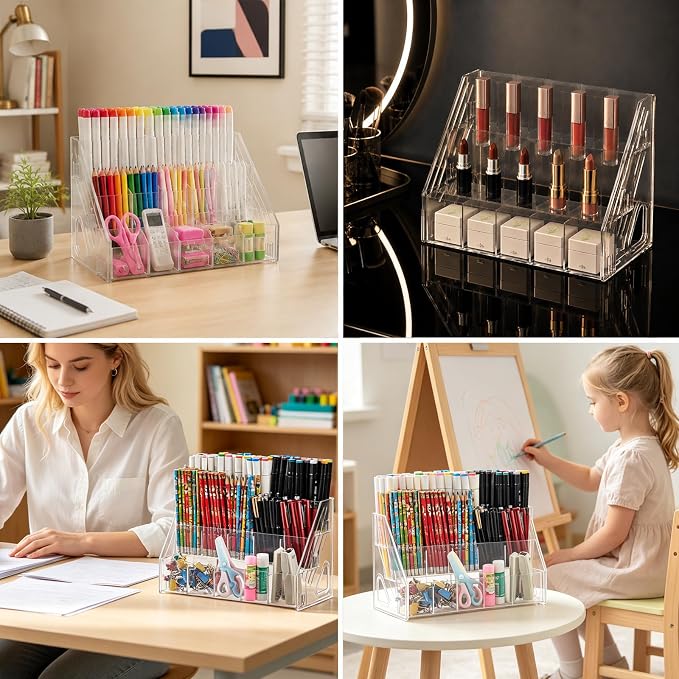 Acrylic Pen Pencil Holder for Desk With 15 Compartment Desk Organizers and Accessories,Durable Material Can Hold Pen Brush Cosmetic Scissor Clip Tape staplers Fit Home Office School(3 Tier)