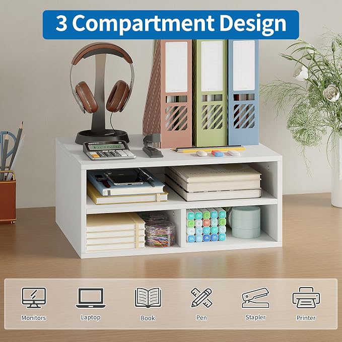 ALISENED Printer Stand for Desk, 2-Tier Wooden Desk Organizer with Adjustable Compartments, Heavy Duty Desktop Stand for Printer Scanner Monitor, Space Saving Office Organization and Storage, White