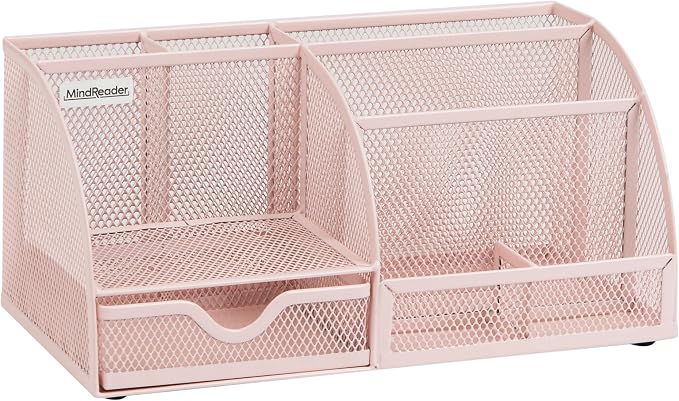 Mind Reader 7-Compartment Desktop Organizer, Metal Mesh Desk Organizer for Pens, Sticky Notes, Mail and Office Supplies, Pink