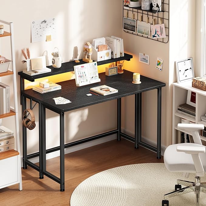 Folding Desk for Small Space,Foldable Computer Desk with Monitor Stand,31.5 Inch Small Desk with LED Lights for Bedroom Home Office,Writing Work Office Computer Desk with Hooks,Black