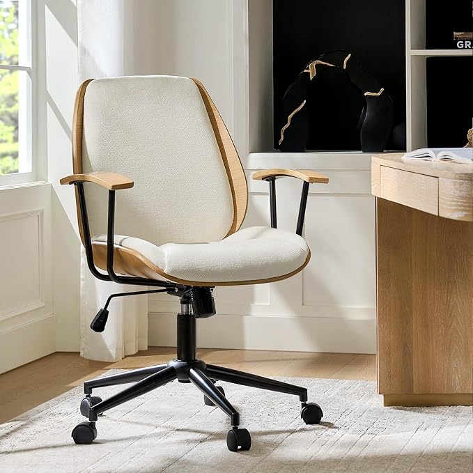 HULALA HOME Solid Wood Office Chair with Tilt Function & Metal Base, Ivory | Mid Century Modern Desk Chair with Bent Wood Frame, 360° Swivel Fabric Computer Task Chair, Height Adjustable
