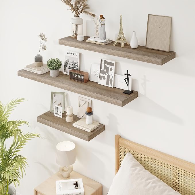 48in Floating Shelves for Wall, 48"W x 9.25"D x 1.25"H, 2 Pack Long Wall Mounted Engineered Wood Shelves with Invisible Brackets for Living Room, Bedroom, Bathroom, Kitchen Decor and Storage, Grey