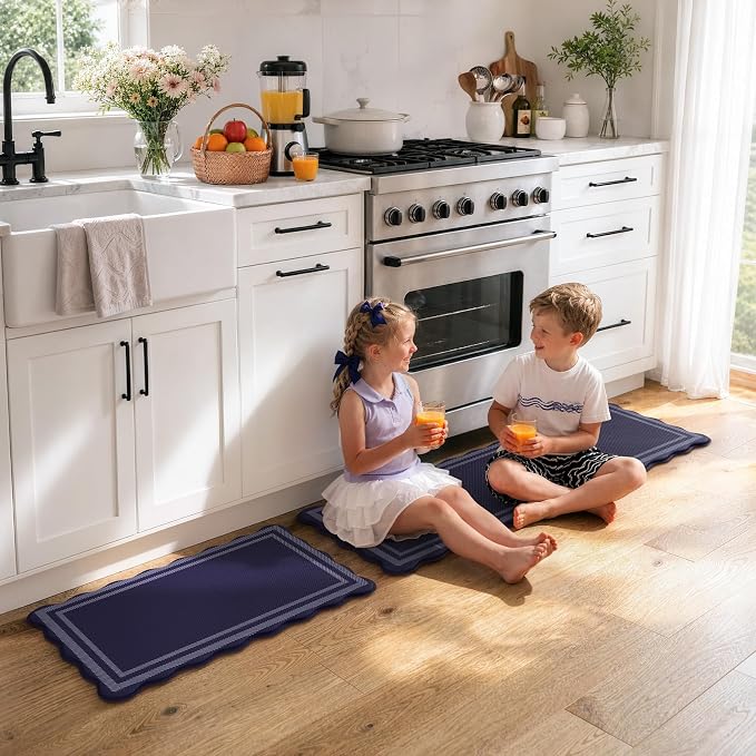 KIMODE Anti Fatigue Mats for Kitchen Floor,Farmhouse Kitchen Rugs Sets of 2 | Cushioned Kitchen Floor Mat, 17"x47"+17"x29" Comfort Laundry Room Rug, Navy Blue Runner Rugs for Home Decor Office Bath Sink