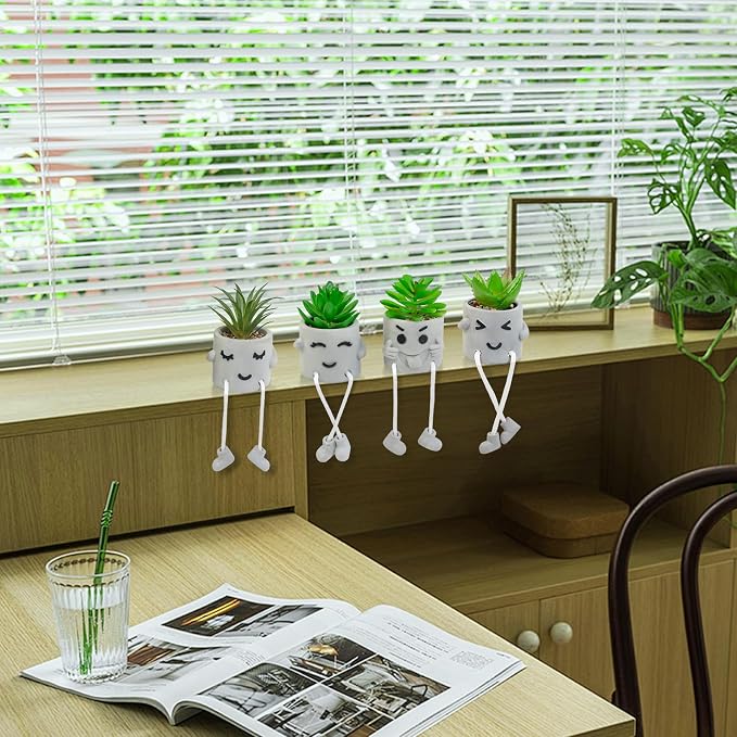 Set of 4 Small Faux Succulents in Cement Pots with Hanging Legs, Potted Mini Fake Plants for Desk, Office Cubicle, Kitchen, Bathroom, Wall Shelf Decor, Room & Bookshelf Ornament