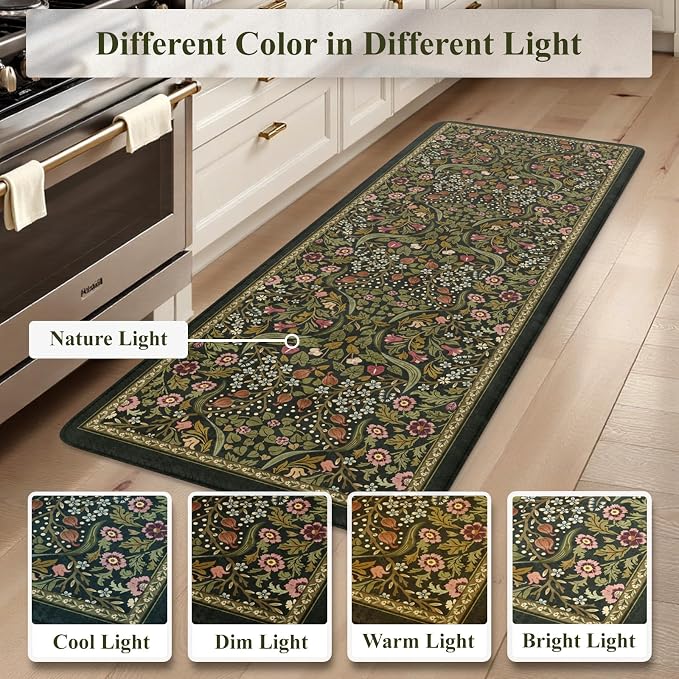 Collive Kitchen Mats for Floor, Cushioned Anti Fatigue Mat Green Floral Rugs Non Skid Waterproof Sink Rug, Memory Foam Comfort Standing Mat for Office, Laundry, Desk, 24''x71''