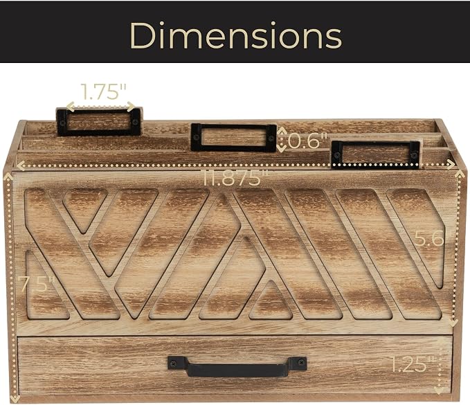 BLU MONACO | Natural Wood Desktop Mail Organizer with Drawer | Three-Tier Mail Sorter with Black Label Holders | Countertop Mail Holder & Document Storage for Home or Office