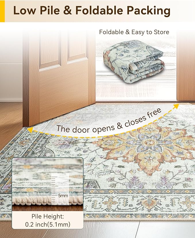 RELEANY Area Rugs Runner 3'x10' Washable Non-Slip, Floral Vintage Distress Medallion Carpet for Kitchen Hallway Bedroom Beside Laundry Room Bathroom, Beige Carbon Grey Orange