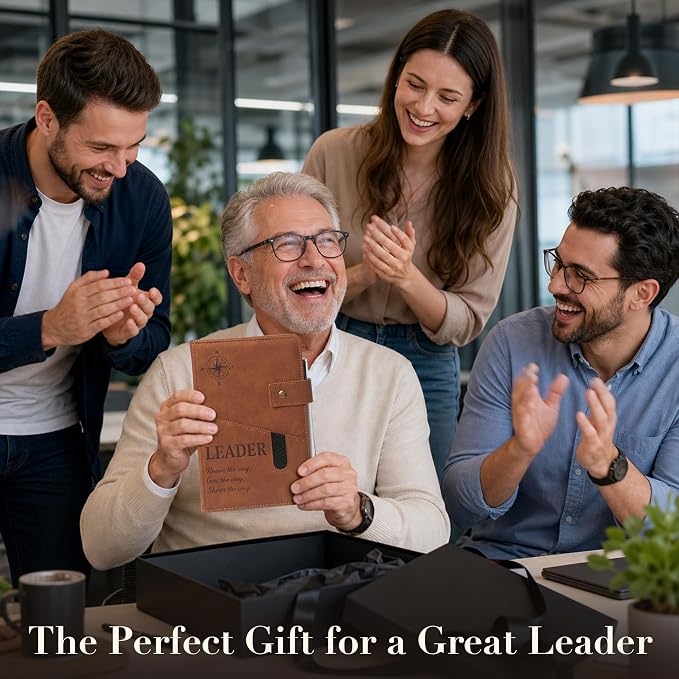 Boss Appreciation Gifts for Men Women - A5 Gratitude Leader Leather Journal Notebook with Engraved Pen & Front Phone Pocket, Thank You Boss's Day Farewell Going Away Gift for Manager Mentor Supervisor