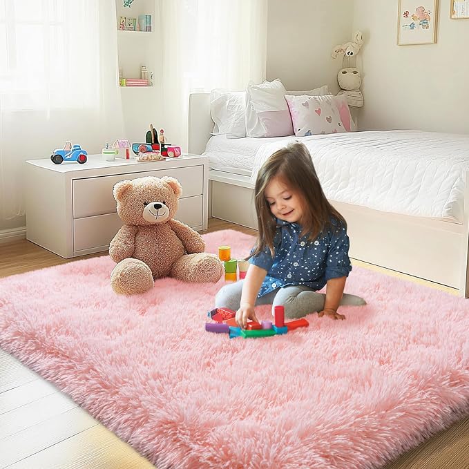 Pink Area Rug for Bedroom, 3x5 Rugs for Living Room Nursery Kids Room Dorm Home Decor Aesthetic, Fluffy Shaggy Rug with 4 Anti-Slip Carpet Tapes