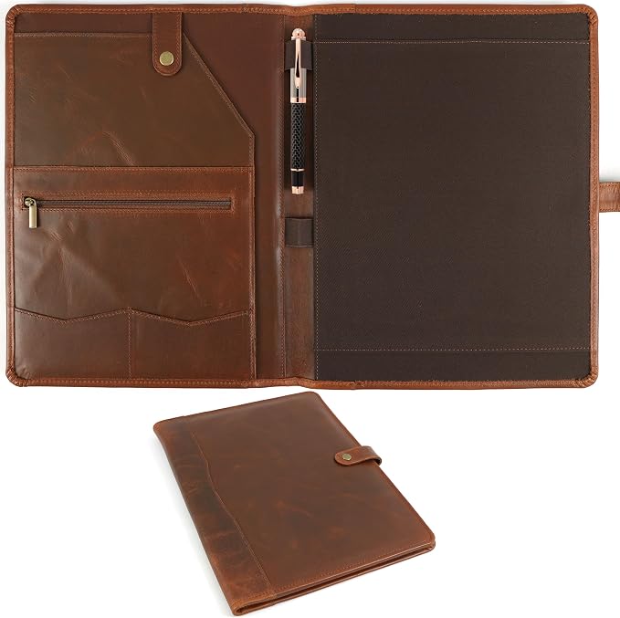 Leather Portfolio, Leather Binder with Pen, Resume Organizer & Padfolio for Men and Women | Business Portfolio with Card Holder & Document Organizer (Brown)