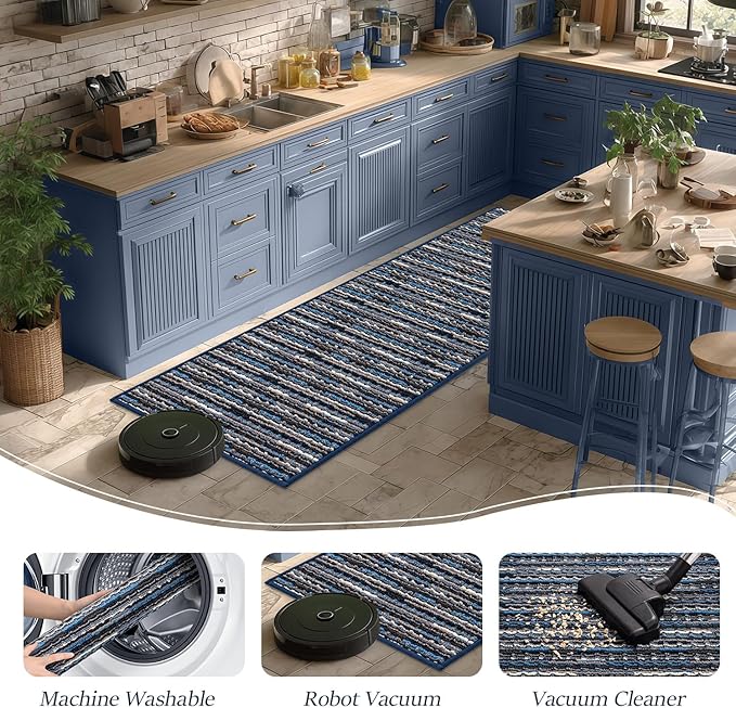 Kitchen Rugs Sets of 2-Non Slip Kitchen Mats for Floor-Thick Stain Resistant Vintage Kitchen Floor Mat Runner Carpet for Hallways Entryway Laundry Room Washable(Navy Blue 20"x47"+20"x32")