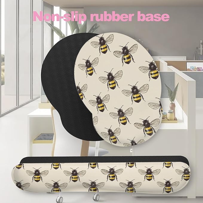 Retro Bee Ergonomic Wrist Support Keyboard Mouse Wrist Rest Set, Computer Office Comfortable Wrist Rest for Mouse Easy Typing