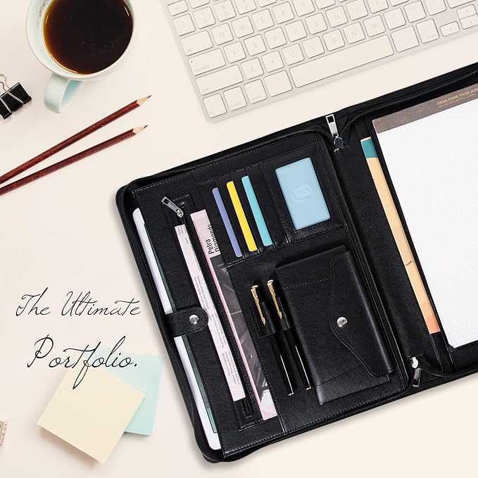 Calfinder Portfolio Binder, Portfolio with Handle and Zipper, Leather Portfolio for Men Women,Portfolio Organizer with Business Card Holder for A4 Letter Size Notepad,Gift for Father's Day