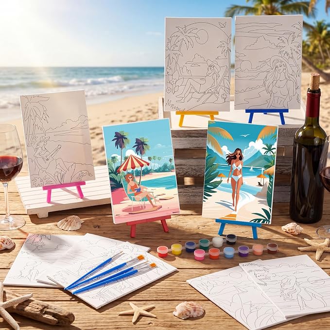 Blosssound 10 Set Pre Printed Canvas Pre Drawn Canvas Painting with Easel Kits 5" x 7" Outline Painting Panels for Beginners, DIY Craft Project, Party Favor, Home Decors(Hawaii Women)