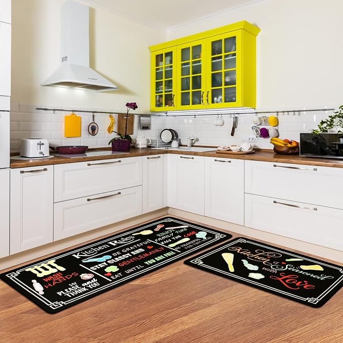 Kitchen Rug Sets of 2 Piece Non Slip Kitchen Rugs and Mats Washable Kitchen Mats for Floor Kitchen Carpet Runner Rugs Decor for Laundry Bathroom Living Room,Colorful Kitchen Rules 20"x 59"+20"x 32"
