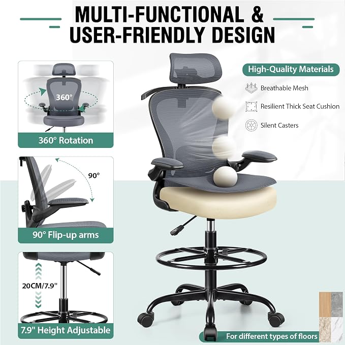 AtHope Drafting Chair, Tall Office Chair with 3D Lumbar & Head Support | Ergonomic Mesh Standing Desk Chair with Footrest Ring, Comfy Extended High Desk Chair with Flip-Up Arms & Hanger, Dark Gray
