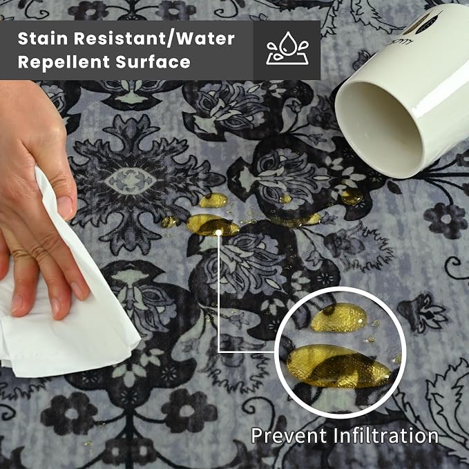 Area Rug 6x9, Washable Living Room Rugs Printed Vintage Floral Carpet Non Slip Soft Indoor Kitchen Mat for Bedroom, Laundry Room, Playroom, Farmhouse Carpets, Low Pile Mats, Black Grey