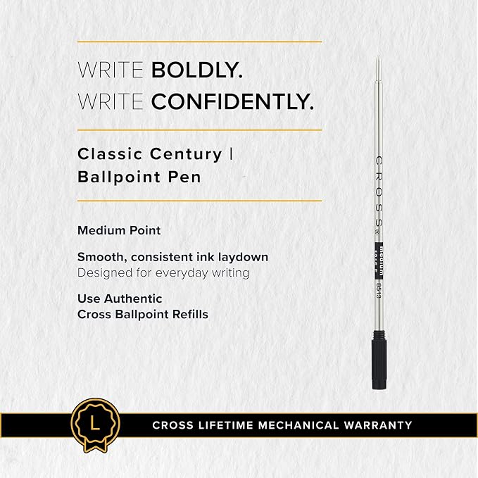 Cross Classic Century Black Lacquer Ballpoint Pen - Refillable Pen for Effortless Writing - Black Ink - Durable Construction - Premier Distinctive Look - Gift-Ready