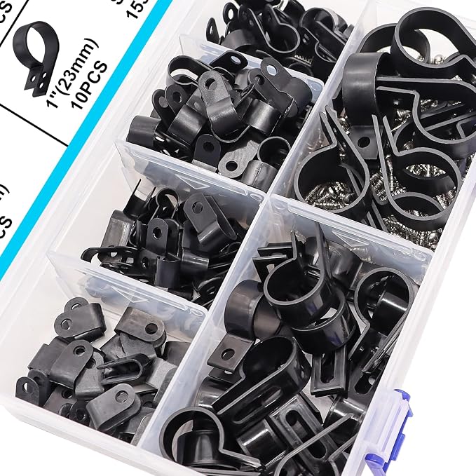 TWTADE 306PCS Black Cable Clamps Nylon Plastic R-Type 6 Sizes 3/16'' 1/4'' 3/8'' 1/2'' 3/4'' 1'' Cable Mounting Wire Clips Assortment Kit with Screws for Wire Management H-049