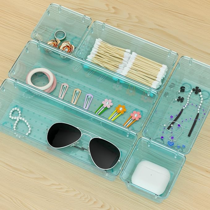 WOWBOX 12 Pack Clear Drawer Organizer Set, Acrylic Drawer Storage Trays, Storage Bins for Makeup, Cosmetics, Jewelries, Utensils, Gadgets, Office, Sea Blue