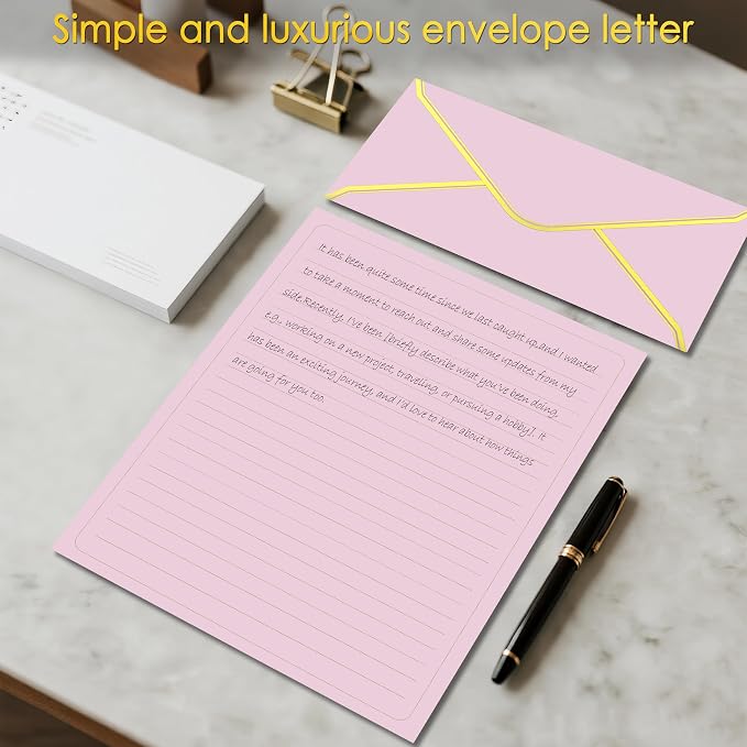 J6&H6 Gold Thread Stationary Paper and Envelopes Set Including 12 Standard Sized Phnom Penh Envelopes and 24 Sheets of Lined Paper Suitable for Daily Emotional Expression Formal Communication(Pink)