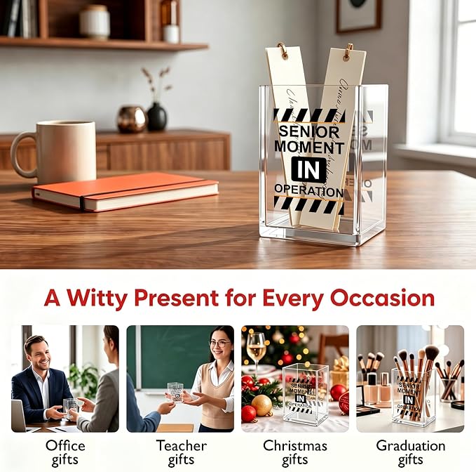 Funny Office Acrylic Cosmetic Pen Pencil Holder Cup, Senior Moment In Operation Pencil Organizer, Humor Unique Desk Accessories, Minimalist Sarcastic Gifts for Women Men Employee(A08)