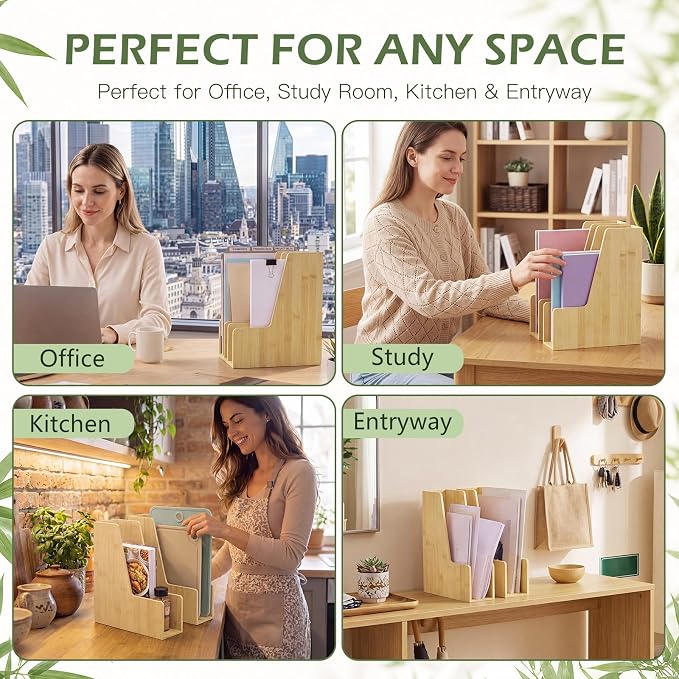 Novabright 2 Pack Bamboo Vertical Magazine File Holder, Desk Holder & Storage Bins Holding for Magazines, Binders, Notebooks, Envelopes, Folders, Multi-purpose Wood Document Organizer for Home Office