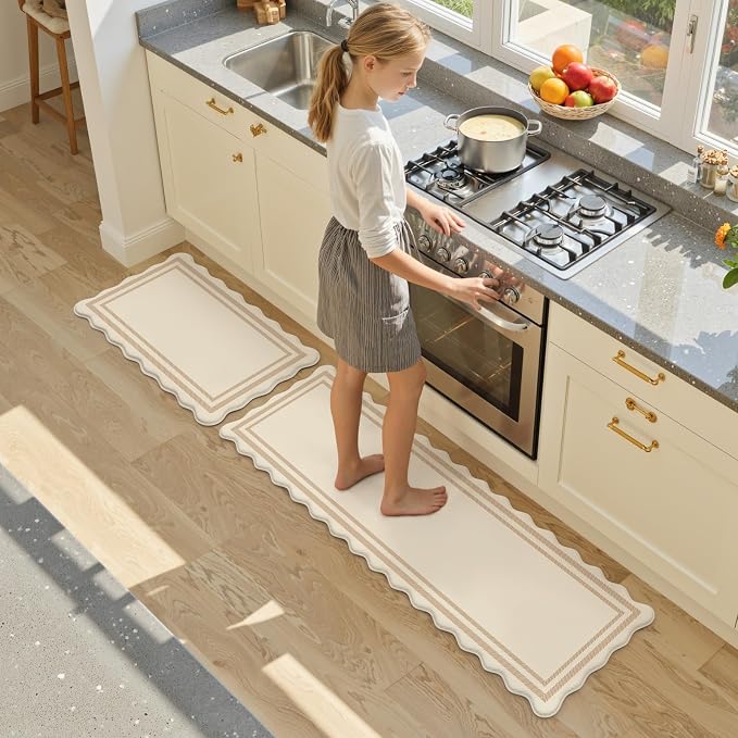 KIMODE Anti Fatigue Kitchen Mats,Beige Boho Kitchen Rugs,Modern Home Decor | Padded Kitchen Mat for Floor, Standing Desk Mat, Cushioned Kitchen Mats for Floor for Laundry Office RV Sink 17"x59"+17"x29"